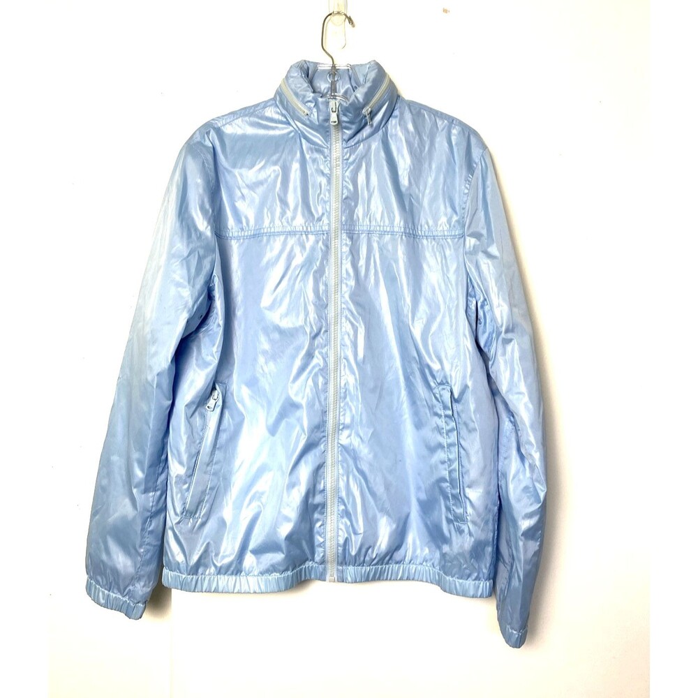 Perry Ellis Hooded Jacket Rain Coat Womens Size M Blue Pastel Full Zip Pockets